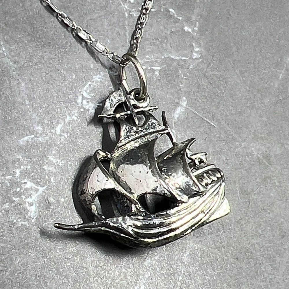 Sterling Silver Pirate Ship Nautical Pendant Necklace - Picture 4 of 14
